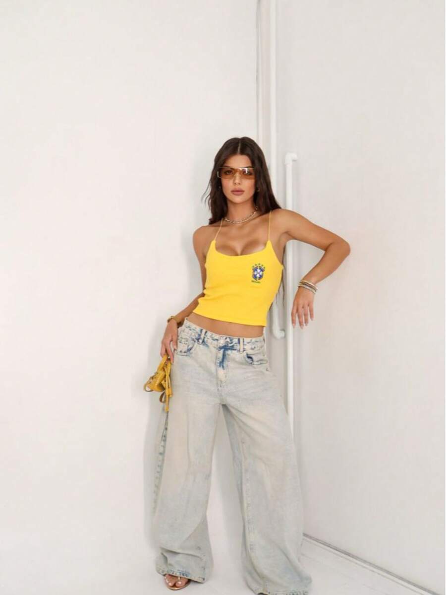 Cropped Tank Top With Brazil Embroidery, Ribbed Fabric, World Cup Fashion, Summer 2026 - Màu vàng - Xem 1
