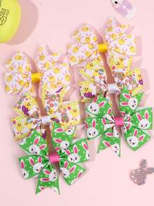 6pcs Easter Day Cartoon Hair Bows For Girls, Cute Chick & Bunny Print Hair Clips, Alligator Clips ,Grosgrain Ribbon Hair Barrettes ,Spring Holiday Hair Accessories - Multicolor - View 4