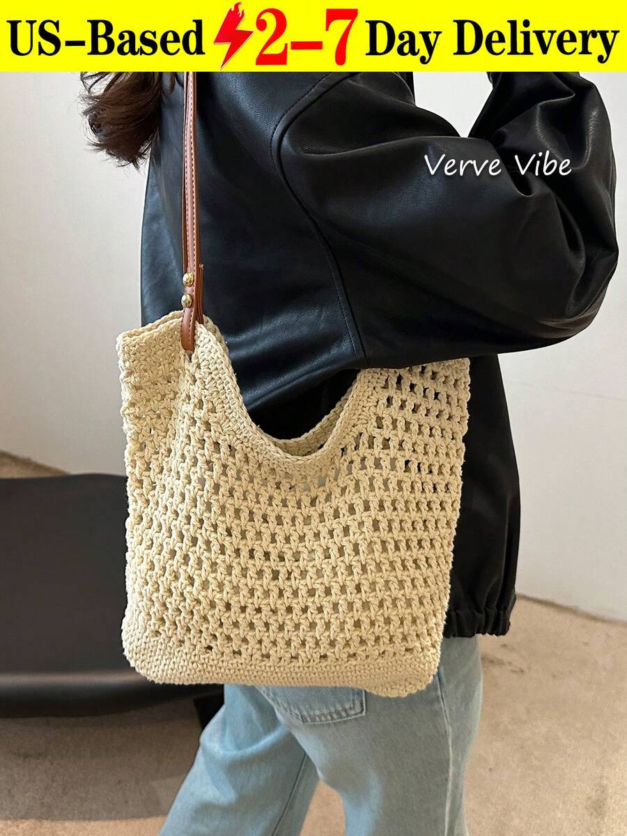 Large Capacity Handmade Woven Straw Bag For Women, 2026 New Beach Holiday Shoulder Tote Bag, Commuter Friendly , Summer Fashionable Casual Versatile Solid Color Beach Vacation Travel Shopping Straw Large Capacity Shoulder Tote Bag, Fashion Summer Vacation Bag, Beach Essentials Women Bags For Vacation & Holiday, Vacation Essentials, Perfect For Summer, Vacation & Beach, Hottest Beach Bags - Nhiều màu - Xem 1