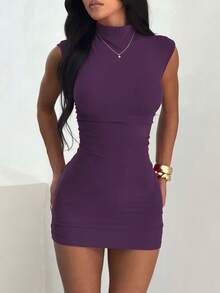 一件纯色褶皱弹力高领夏季连衣裙，黑色，适合情人节、优雅派对、海滩、婚礼、毕业典礼、生日和其他场合，适合女性春季派对穿着。 - 紫色 - 查看 2