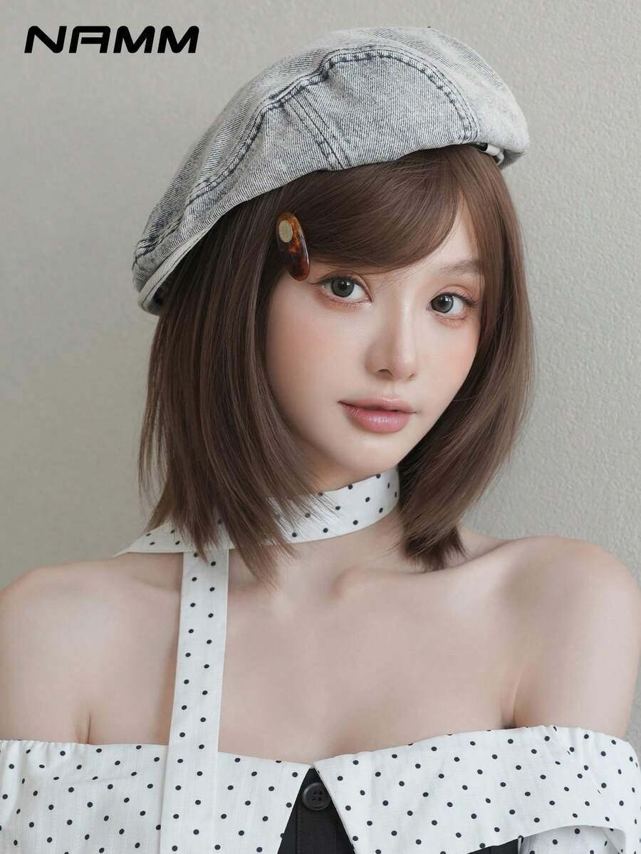 NAMM 14 Zoll kurze gerade Bob Perücke für Frauen, braune Perücke mit Seitenpony, hitzebeständige synthetische Fasern, Kostümhaar-Perücken für den täglichen oder schulischen Gebrauch - Ar - Cosplay-Kostümperücken - Sakura Celebrations Glam & Party Streetwear Fotografie - Mädchen Geschenk Perücken Accessoires