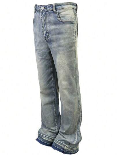 Jeans casuales de negocios ligeros con dobladillo desgastado y lavado para hombres, pantalones casuales versátiles de pierna recta y delgada, aptos para todas las estaciones, con cierre de botones, estilo relajado de calle