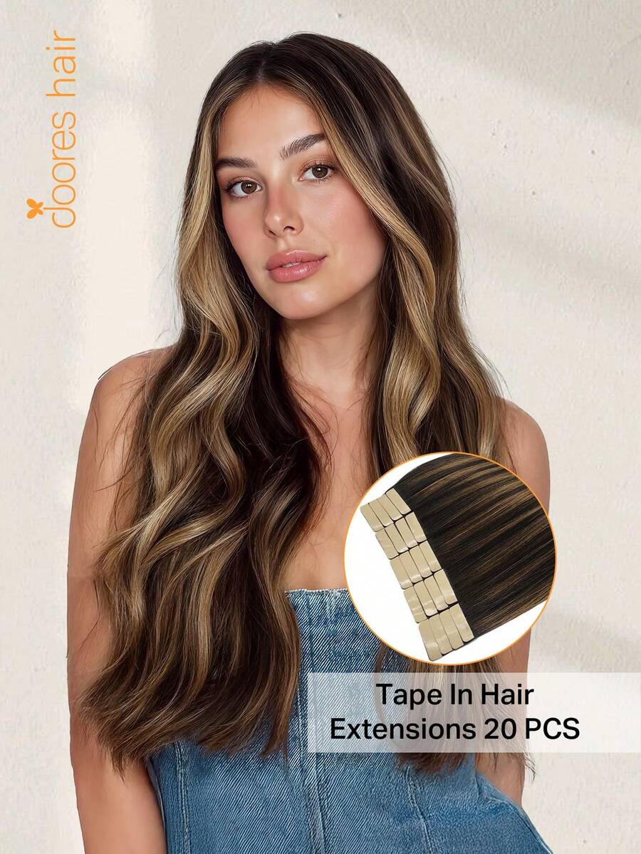 DOORES 50g 20pcs Tape-In Hair Extensions 100% Natural Human Remy Hair Heat-Resistant Dyeable Seamless Glue Tape Straight Hair Extensions For Volume And Length
