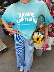 羅紋撞色純棉女式多位噴色磨破設計字母印花圖案短款T卹，學院風春夏季新款運動女裝，垂感蝕毛柔軟透氣女式短袖短款上衣 - 淺湖綠 - 查看 3