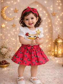 H HIBOBI 3件套女婴春夏玫瑰印花连体衣、裙子和发带套装 - 玫紅色 - 查看 2