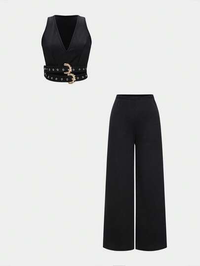 Bohemian Style Deep V-Neck Sleeveless Crop Top With Golden Buckle And Comfortable Wide-Leg Pants 2 Pieces Set Black Summer