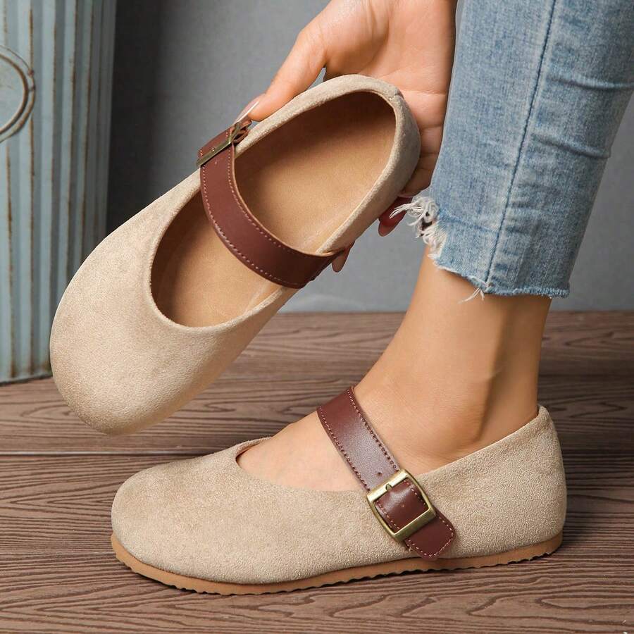 Women's Retro Mary Jane Flat Shoes, Round Toe Strap Casual Shoes, Daily Commute Work Shoes, Spring New Arrival - Khaki - View 1