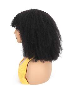 Afro Kinky Curly Human Hair Wig With Bangs For Women Black Brazilian Remy Full Machine Made Hair Without Glue And Gel - Natural Black - View 4