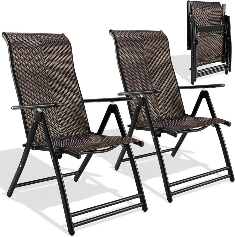 2PCS Rattan Lounge Chair, Garden Chairs Sun Lounger Camping Chair Balcony Furniture Folding Chair With 7-Position Adjustable Backrest, High Back Weatherproof Folding Chairs - Brown - View 1