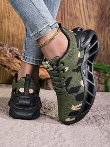 Zapatos deportivos casuales cómodos con suela gruesa, versátiles y unisex. Zapatillas de entrenamiento de camuflaje para exteriores y correr. - Verde militar - Ver 5