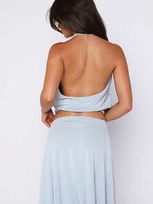 Women Cowl Neck Halter Tops Draped Front Low Cut Backless Tank Top Ruched Open Back Going Out Tops - Sky Blue - View 6