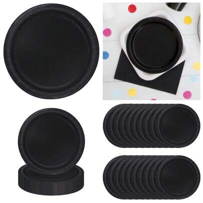 Black Solid Round Paper Dinner Plates For 9 Inch Party Disposable Plates Bulk 20 Pack