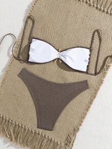 wohenmeili 2pcs Floral Patterned Sexy Bikini Set, Shiny Halter Neck Bikini With Backless Tie Thong Bottoms Featuring Starfish Design, Sexy Beach Style Swimwear Set For Women Vacation Summer - Dark Brown Silver - View 7
