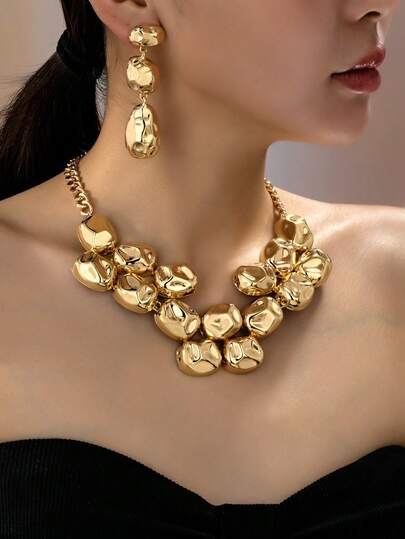 Set de 3 piezas de joyería vintage exagerada con collar y aretes geométricos asimétricos martillados, adecuado para fiestas, banquetes y uso diario