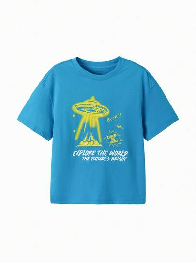 Balabala Boys' Loose Casual Cotton T-Shirt With Space Exploration Graphic, Breathable And Comfortable
