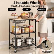 Rolling Kitchen Carts On Wheels, 3 Tier Mobile Utility Cart With Wood Tabletop Storage Cart, Metal Serving Carts With Handle And Shelf Liner For Island Restaurant Coffee Bar Living Room Office - Black - View 4