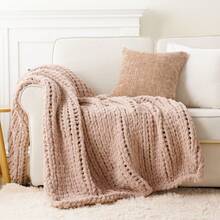 Dusty Pink Chunky Knit Throw Blanket,Handmade Cable Knit Crochet Blanket,Soft Thick Chenille Throw Blankets For Sofa Bed Home Decor,50"X60" - 粉色 - 查看 12