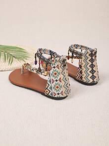 1双舒适波西米亚风编织带串珠流苏人字拖凉鞋 - 棕色 - 查看 8