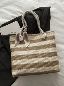 Large Capacity Scarf Tote Bag, 2026 Summer Striped Straw Woven Handbag, Beach Bag, Shoulder Tote, Casual & Versatile - Beige - View 1