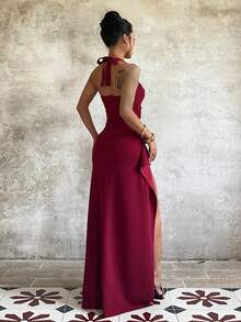 1pc Elegant Solid Color Backless High Slit Asymmetric/Asymmetrical Maxi Dress, Suitable For Parties, Wedding And All Seasons - 酒紅色 - 查看 6