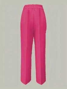Pantalones rectos de pierna con costura frontal de unicolor minimalista para uso diario, oficina y transporte para mujeres de talla grande en primavera - Rosa Fucsia - Ver 3