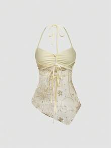 Women's Sexy Beaded Halter Neck Irregular Hem Blouse, Star & Moon Sequin Chest Ruched Metal Button Top, Suitable For Beach, Night Out, Date, Travel - Light Yellow - View 6