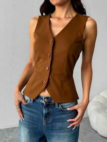 ZALLA Women's V-Neck Vest With Faux Pockets, Tailored Dress Shirt - 鏽棕色 - 查看 3