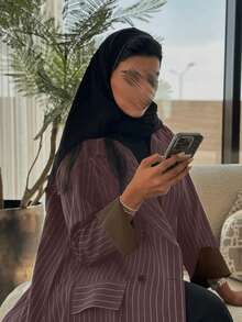 Striped Patchwork Double-Breasted Pocket Long Arabic Style Blazer - Rose Brown - View 4