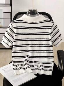 Women's Summer Polo Shirt Short Sleeve Knit Striped Top - White - View 2