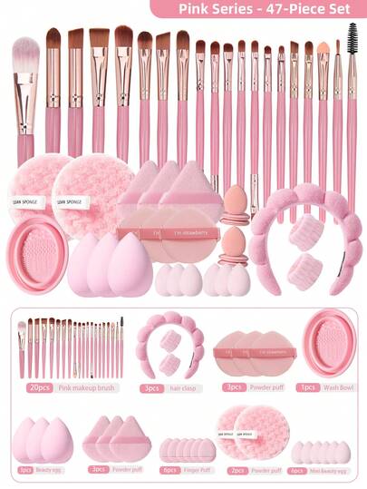 47 PIEZAS Juego de herramientas de maquillaje que incluye: 20 PIEZAS Juego de brochas de maquillaje + 1 diadema + 2 PIEZAS Correa de tazón de mano + 3 PIEZAS Borlas de polvo de cojín de aire + 1 PIEZA Herramientas de limpieza de brochas de maquillaje + 3 PIEZAS Esponjas de maquillaje + 3 PIEZAS Borlas de polvo triangulares + 6 PIEZAS Borlas de polvo de cojín de aire + 2 PIEZAS Esponjas de limpieza facial + 6 PIEZAS Mini esponjas de maquillaje, todo en uno y fácil para principiantes | Listo para viajar y listo para regalar | Perfecto para principiantes, regalos, brochas de maquillaje profesionales, juego de maquillaje completo