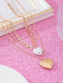 3pcs Fashionable Resin Openable Heart Pendant Necklace Set, Suitable For Women Party, Gathering, Daily Wear, Street Style, Versatile, Valentine's Day Gift - Yellow Gold - View 3