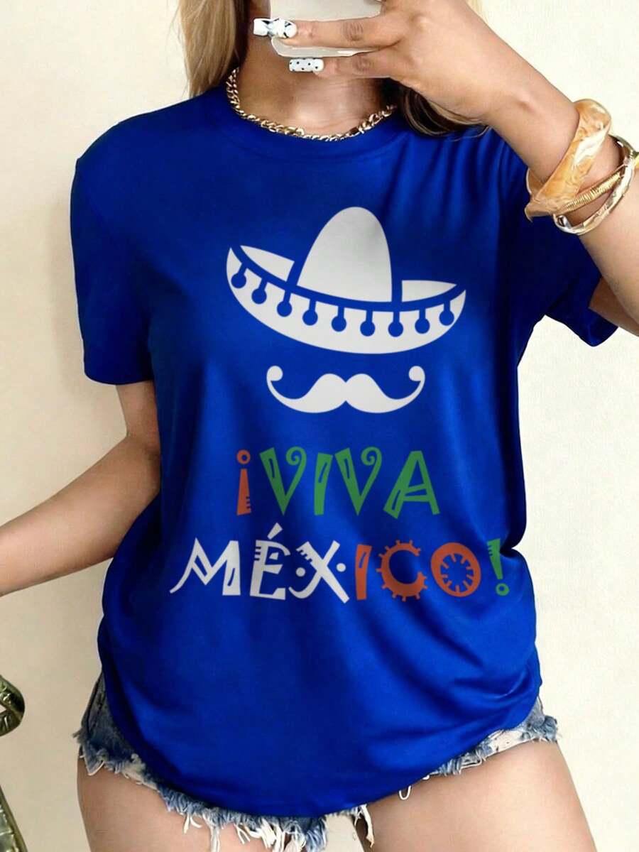 Cinco De Mayo Divertido Sombrero Camiseta Gráfica, Playera Mexicana "Viva México Sombrero ", Fiestas Patrias, 15 De Septiembre, Cuello Redondo, Manga Corta (XL, Negro) - Azul - Ver 1