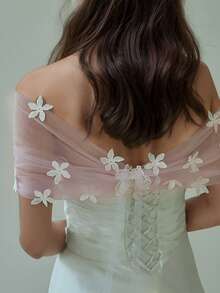 1pc Bride Shawl Short Style, 3D Floral Decor Fashion Women Shawl, Suitable For Party, Wedding, Loose & Comfortable (Shoulder Width Size Details In Image) - Multicolor - View 17