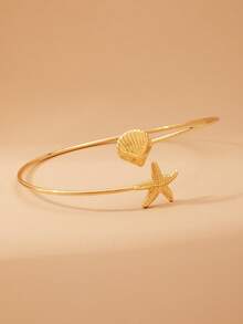 1 pieza Brazalete de brazo con estrella de mar dorada, concha y caracol de estilo oceánico para mujer, accesorio de verano para vacaciones en la playa - Dorado - Ver 3