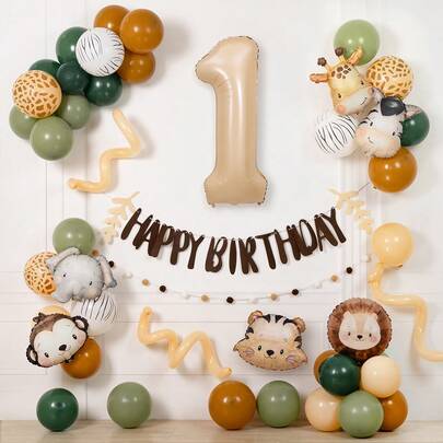 55pcs Animal Shaped Balloon Set, Retro Coffee Color Balloons, 32-Inch Number Balloons, Caramel Animal Foil Balloons, Felt Banner, Suitable For Animal Theme Birthday Party Decoration, Summer Holiday Decoration Balloons, Baby Shower Party Decor