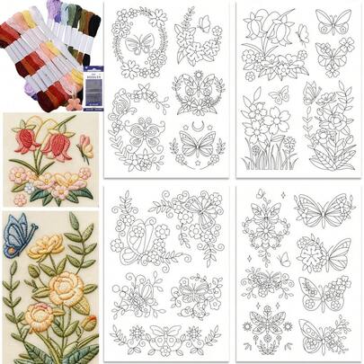 蝴蝶花卉图案自粘水溶性无纺布刺绣贴纸，适合DIY缝纫初学者