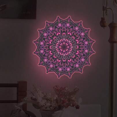 Glow In The Dark Mandala Wall Sticker, 6.5in/16.5cm Glowing Pink Lotus Flower Wall Decals Mandala Floral Peel And Stick Modern Mandala Wall Art Decal For Bedroom Living Room Bathroom Yoga Decoration