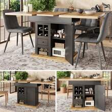 Large Telescopic Table (110–140 X 80 Cm), Folding Kitchen Table For 4–6 People, Extendable Dining Table, Space-Saving Kitchen Table, For Kitchen And Living Room, Dining Table With Wine Rack And Drawers - Black,Natural - 查看 2
