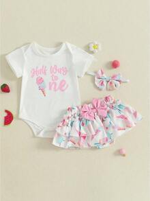 Half Way To One Newborn Baby Girls Birthday Outfits Letter Print Romper Bodysuit Top + Strawberry/Ice Cream/Orange/Watermelon Print Shorts + Bow Headband 3Pcs Clothes Set - 西瓜粉 - 查看 1