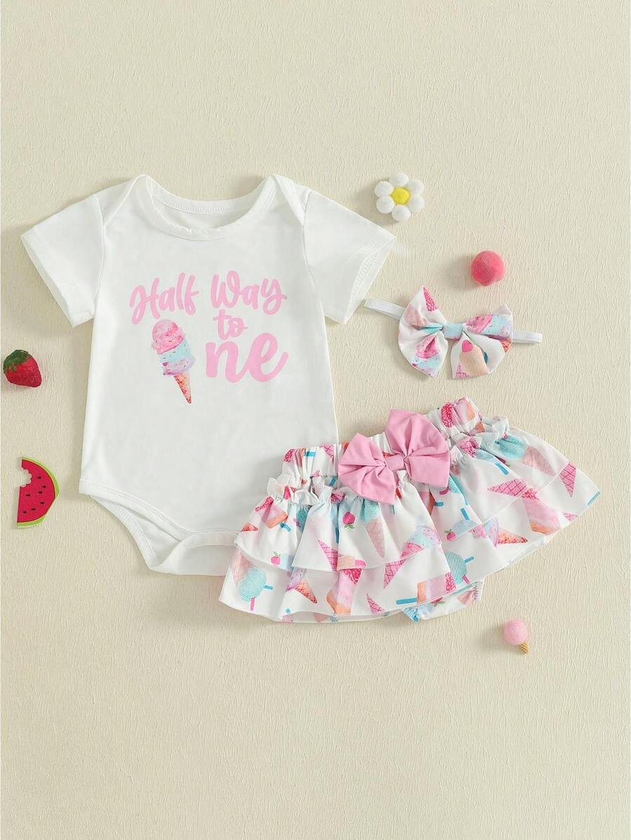 Half Way To One Newborn Baby Girls Birthday Outfits Letter Print Romper Bodysuit Top + Strawberry/Ice Cream/Orange/Watermelon Print Shorts + Bow Headband 3Pcs Clothes Set - 西瓜粉 - 查看 1