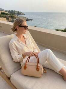 Burberry Hero 米色尼龙手提包 - 一体式圆筒形托特包，配有撞色皮革手柄和可拆卸肩带，奢华设计师日常通勤和旅行收纳包 - 薑色 - 查看 1