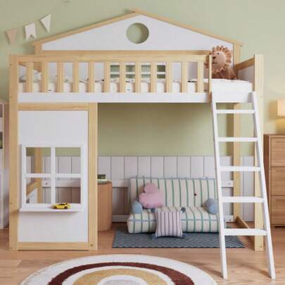 [N622D161516W] Etagenbett, Hausbett, Mit Treppe, Mit Fallschutz Und Gitter, Kinderbett Mit Dach Und Fenster, Frei Gestaltetes Unterbett, Rahmen Aus Kiefer, Kiefer+MDF, White+Natur, 90x200cm