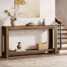 LITTLE TREE 160cm Extra Long Rustic Farmhouse Console Table, Narrow Hallway Sofa Table With 2 Shelves For Entryway & Living Room - Brown - View 1