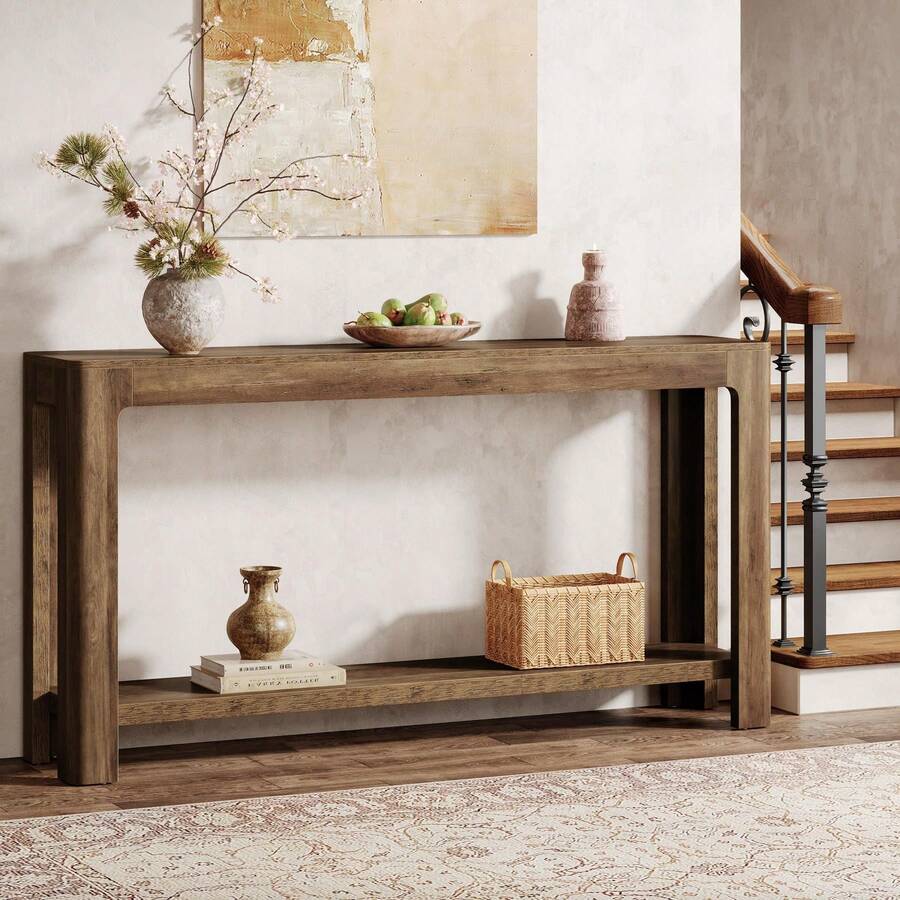 LITTLE TREE 160cm Extra Long Rustic Farmhouse Console Table, Narrow Hallway Sofa Table With 2 Shelves For Entryway & Living Room - Brown - View 1