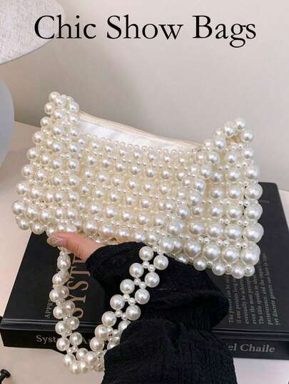 1pc Beaded Woven Faux Pearl Handbag, Versatile Shoulder Bag Suitable For Women To Attend Formal Events Or Daily Commute