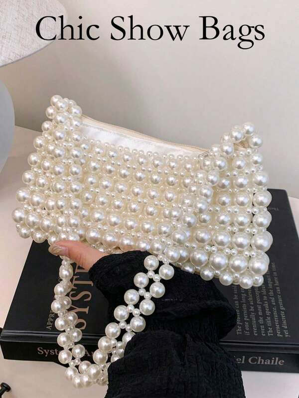 1pc Beaded Woven Faux Pearl Handbag, Versatile Shoulder Bag Suitable For Women To Attend Formal Events Or Daily Commute