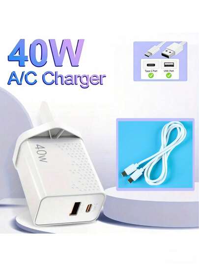 40W USB-C 快充充电器，配备 201.17cm 数据线，双端口 PD 电源适配器 + QC Type-C 墙式充电器，兼容 16、15、14、13、12 Pro Max、iPad/iPad Mini - 白色