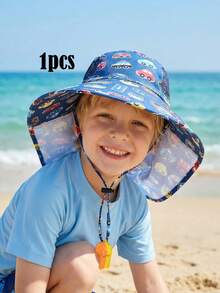 1pc Kids Car All-Over Print Wide Brim Sun Hat With Neck Flap, Breathable Mesh & Windproof Strap With Whistle - 1PC - View 2