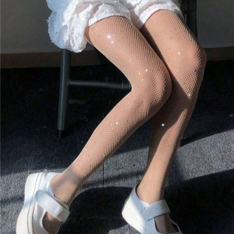 Hot Rhinestone Bling Black Stockings Black Stockings Women Thin Ins Sexy Fishnet Stockings Spring Summer With Rhinestone Pantyhose - 螢光綠 - 查看 1
