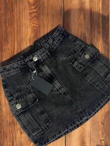 Graphite And Blue Denim Cargo Skirt With Side Pockets. - 石墨 - 查看 2